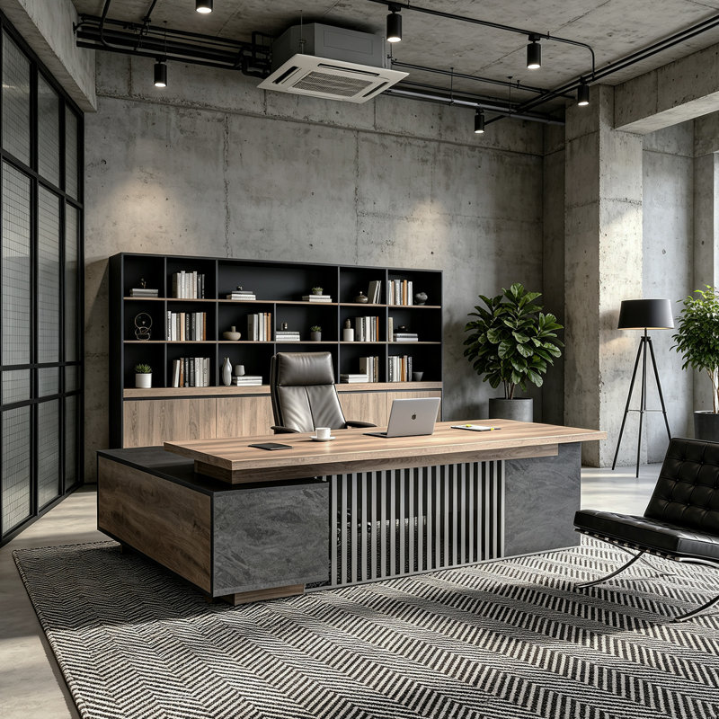 Bureau de direction rustique industriel PDG, table de bossage en L de luxe avec grille en acier inoxydable, bureau de travail surdimensionné de 70,8 po / 78,8 po