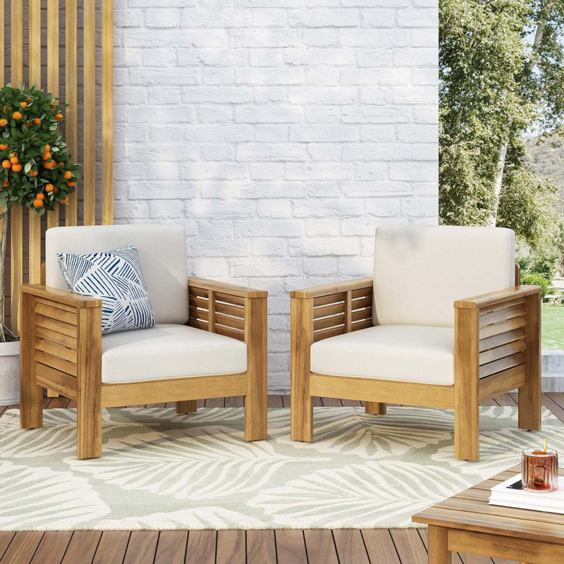 (Ensemble de 2) Fauteuils club d'extérieur en bois d'acacia avec coussins, Beige, Brun
