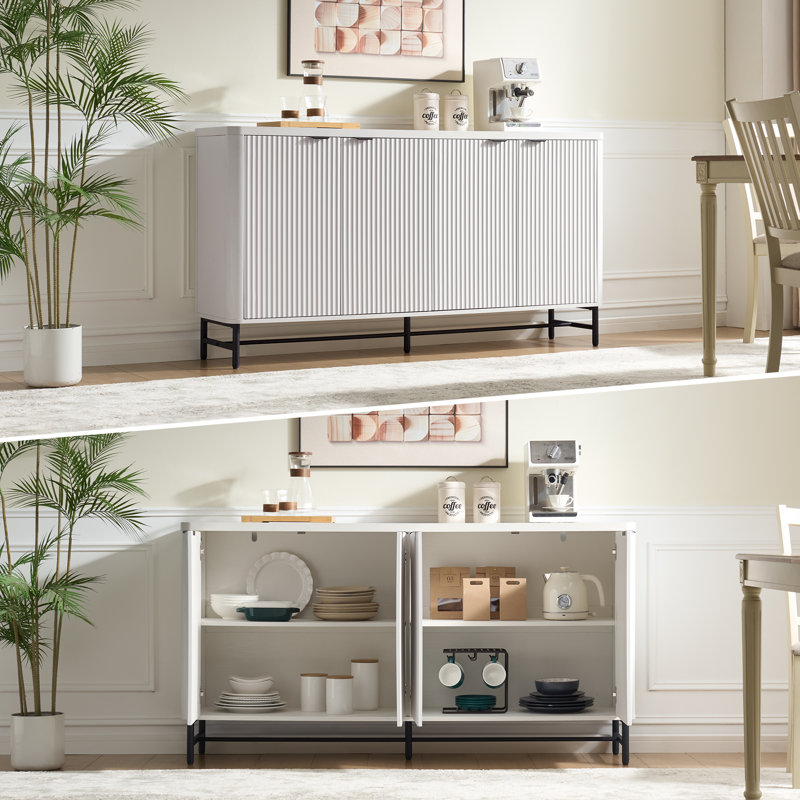  Fluted Sideboard Buffet Cabinet with Adjustable Shelves and Metal Legs, White