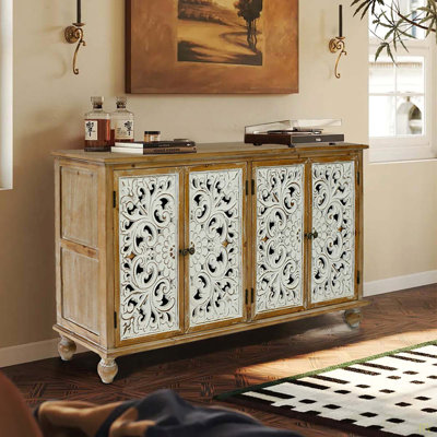 Armoire décorative avec 4 portes, buffet de ferme avec rangement, armoire de rangement moderne Cenza avec portes florales sculptées en bois pour le salon, la salle à manger, l'entrée, le couloir, la cuisine