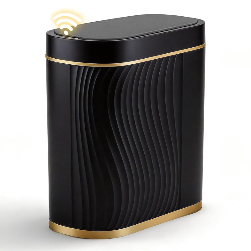 ABTSalon Motion Sensor Bathroom Trash Can, Slim Automatic Lid Wastebasket, IPX5 Waterproof Whisper-Quiet Garbage Bin for Bedroom, Office and Restroom – Black/Gold