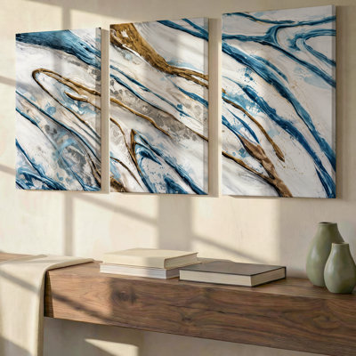 Ensemble de 3 grandes impressions murales en marbre blanc et bleu doré, toile moderne de qualité supérieure pour le salon, la chambre à coucher, le bureau et la maison, prête à être accrochée