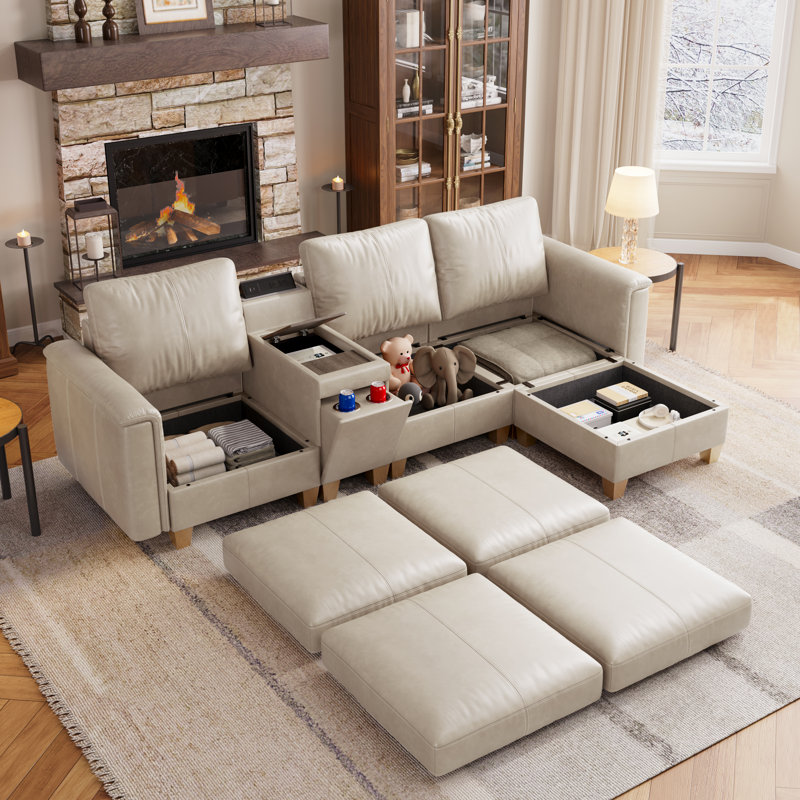 Canapé modulaire en L de 105 po à 4 places en similicuir avec rangement et console, Greige, Greige Faux Leather