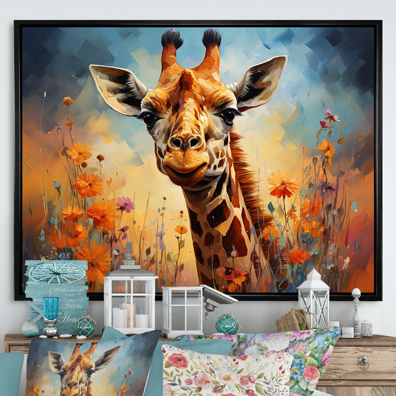 Girafe brune expressionniste - impression, H 12 po x l 20 po x P 1 po, Cadre flottant noir