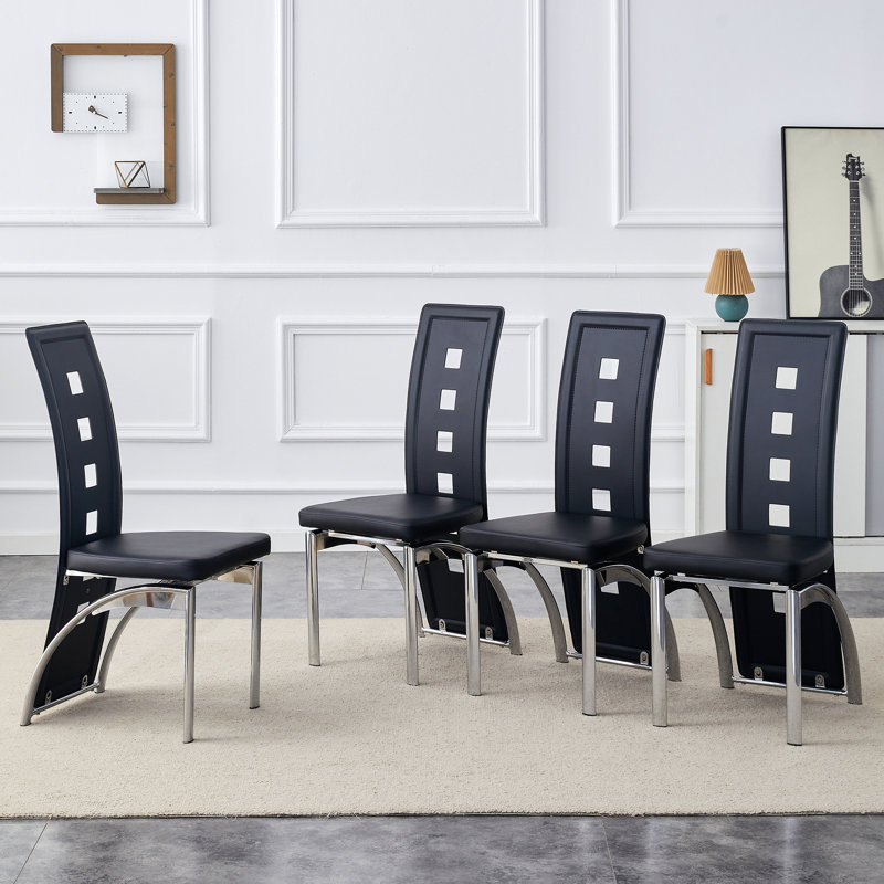 Modern Faux Leather Upholstered Dining Chair with Curved Metal Legs & Cut-out Back (Set of 4), Silver, Black, 4