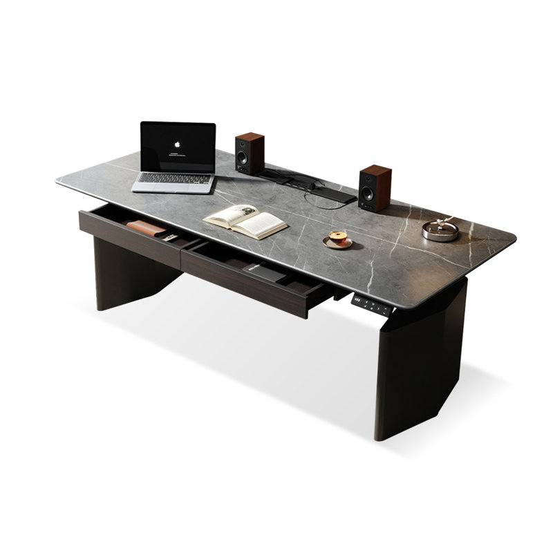 Bureau rectangulaire noir en acier fritté réglable en hauteur + acier au carbone avec 2 tiroirs