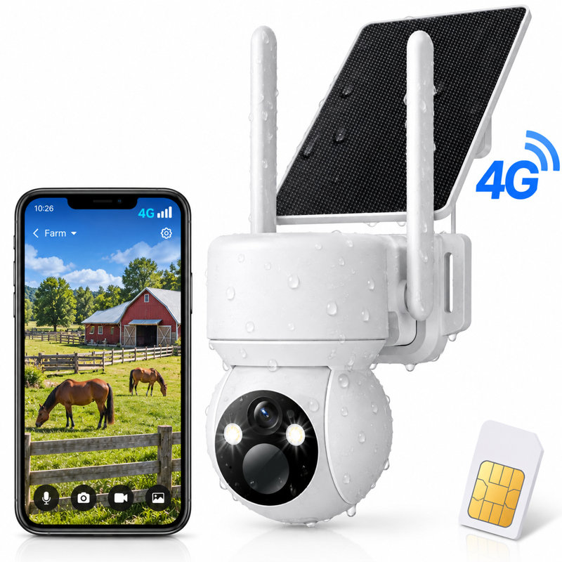 Caméra de sécurité extérieure PTZ solaire 4G LTE cellulaire, sans Wi-Fi avec carte SIM, résolution 2K, vision nocturne avec projecteur pour ferme et jardin.