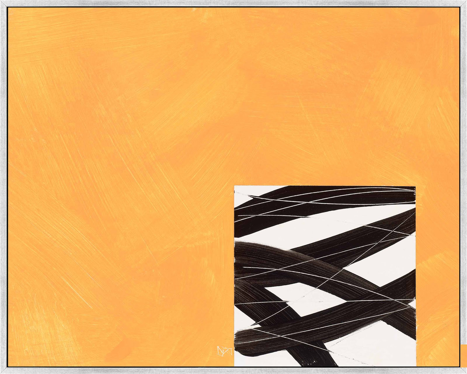 Composition With Yellow 2 by Robert Kamnatnik, 26.5" H x 38" W x 1.38" D, Silver Framed Canvas