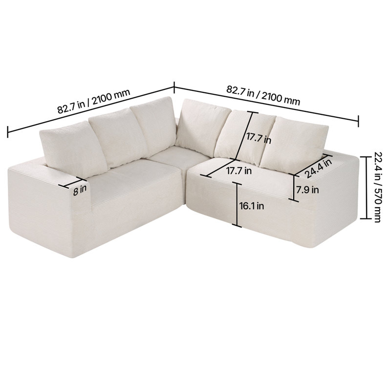 Canapé d'angle structuré, canapé modulable en forme de L avec assise profonde, canapé moelleux effet nuage grâce à sa mousse haute densité et son rembourrage en velours côtelé beige, avec coussins, idéal pour le salon ou la chambre.
