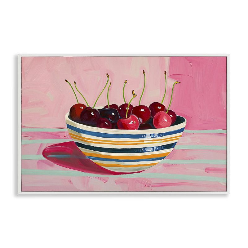Bol de cerises sur giclée rose encadrée, design par Arlington Prints, H 12 po x l 18 po