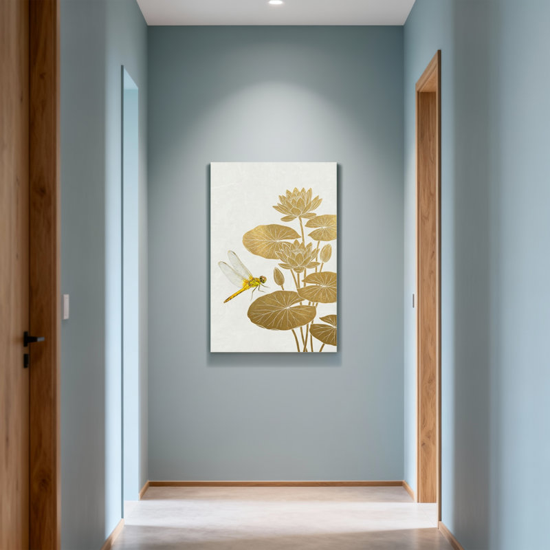 Plantes et fleurs, lotus doré et libellule, H 40 po x l 28 po