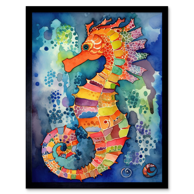 Vibrant Colour Pattern Seahorse Folk Art Artwork Framed Wall Art Print 9X7 Inch
