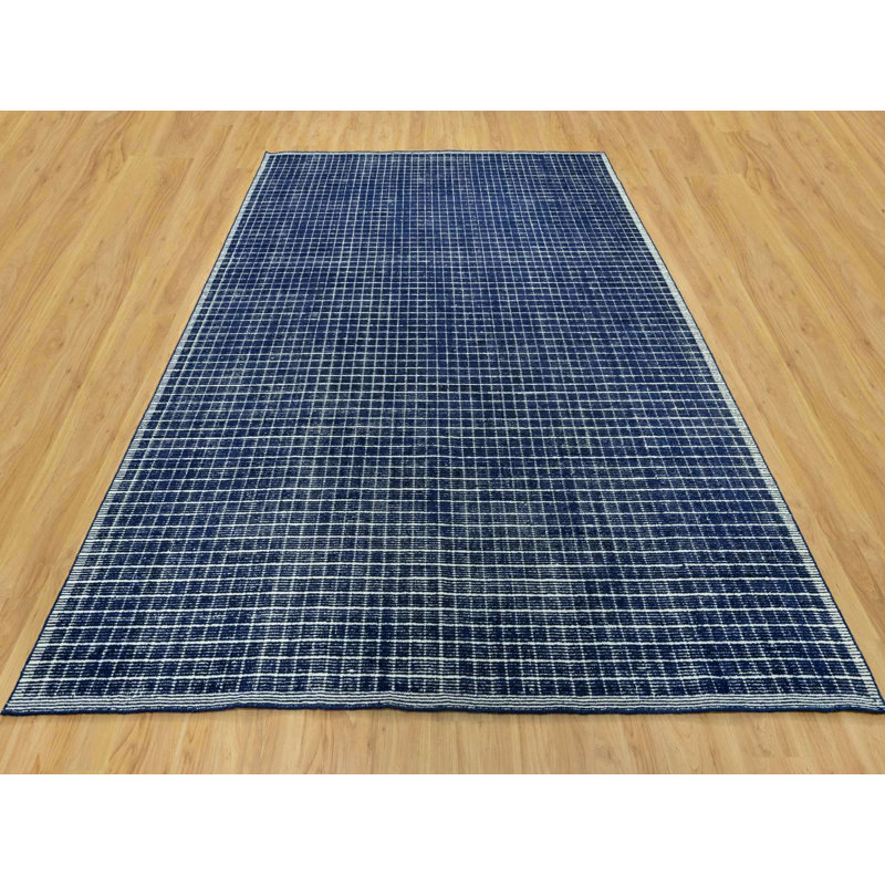 Tapis oriental bleu en laine tissé à la main 9 pi 3 po x 11 pi 9 po - MOA10290549