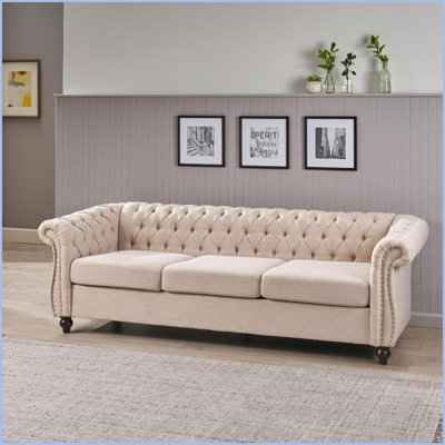 3-Seater Classic Chesterfield Sofa with Button Tufting | Beige Fabric | Rolled Arms | Living Room