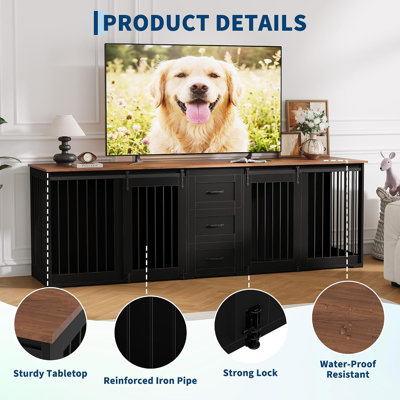 95" Farmhouse Dog Crate Furniture with Drawers, Wooden Dog Kennel TV Stand with Sliding Doors & Steel Bars for Large Dogs