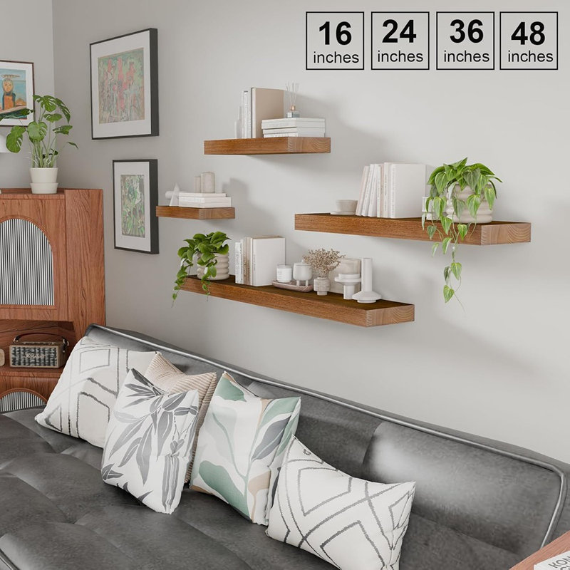 Walnut Floating Wall Shelves 16 Inch, Bathroom Shelves Wall Mounted,invisible Shelf Floating Kitchen Shelves,wooden Wall Shelving With Brackets For Living Room Wall Mounted,easy Install,set Of 2