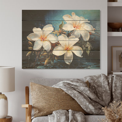 Plumeria Flowers Bathed In Silvery Moonlight Serenade I - Plumeria Wood Art On Natural Pine Wood