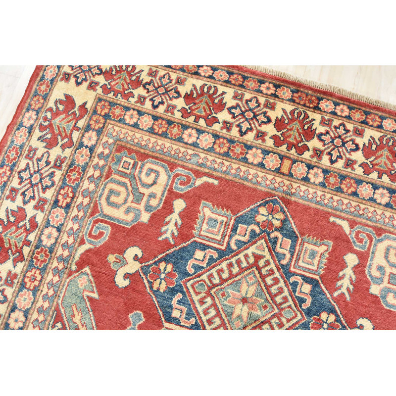 Tapis rouge / beige en laine noué à la main de conception unique 6 pi 3 po x 9 pi 8 po Gabriels