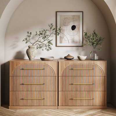 Set of 2 Fluted Modular Sideboard Cabinet with 3 Drawers, Camel