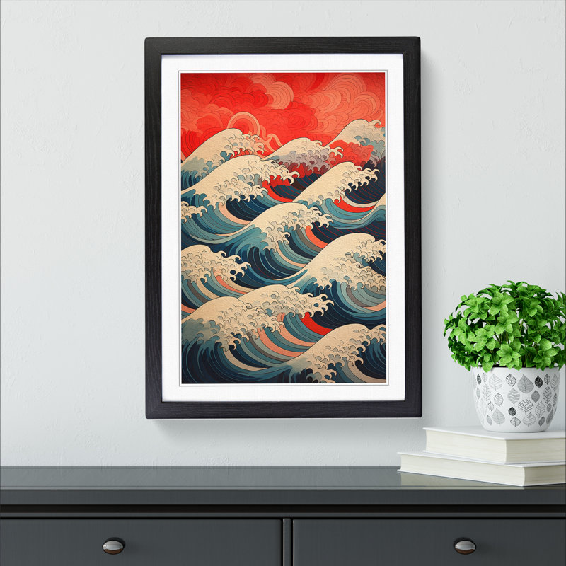 Wave Japanese Geometric Art - Framed Print, 46cm H x 34cm W, Black Framed