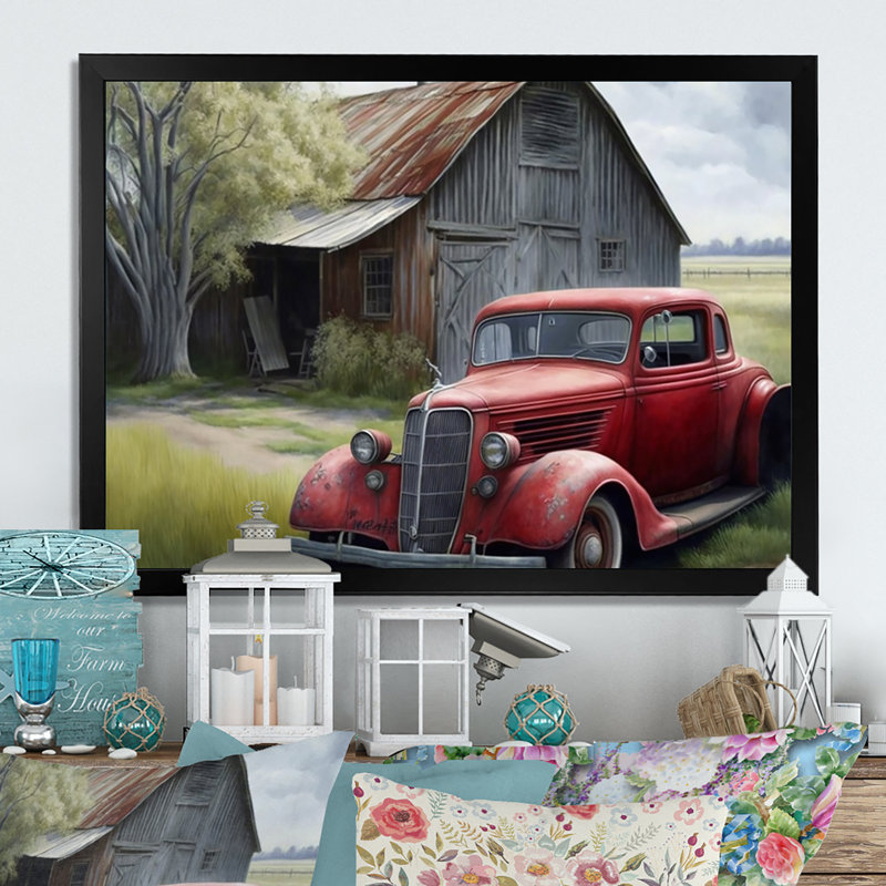 «Red Car» par Barn - reproduction sur toile, Cadre simple noir, H 12 po x l 20 po x P 1 po