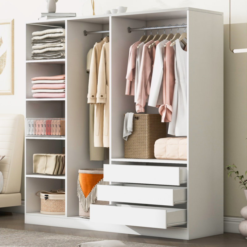Doorless Wooden Storage Wardrobe For Dedroom With Shelves And 3 Drawers, White