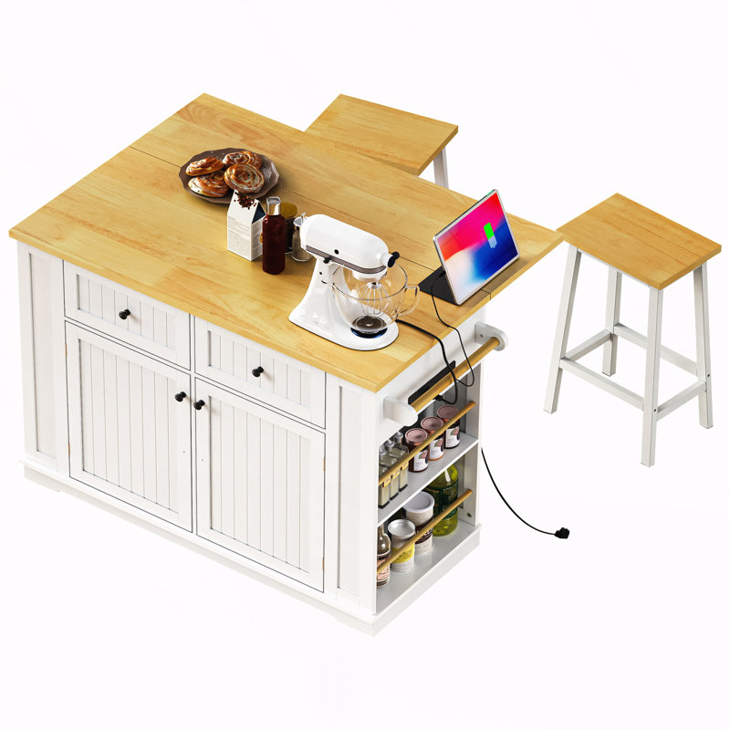 Kitchen Island With 2 Bar Stools, White