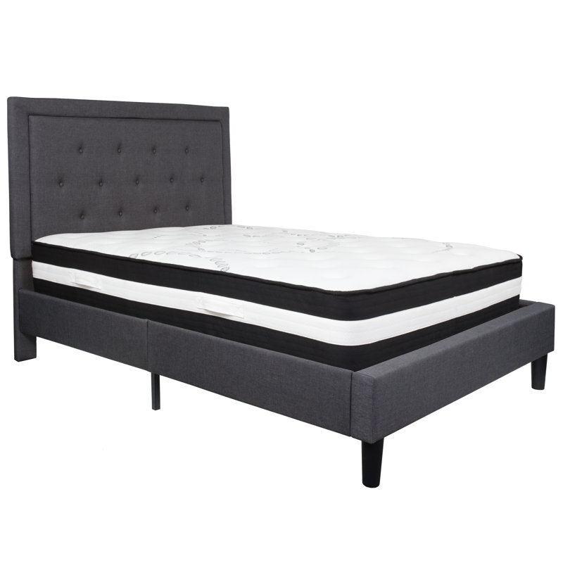 Aluino Panel Tufted Upholstered Platform Bed and Pocket Spring Mattress, Dark Gray, Full