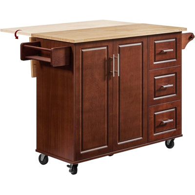 54" Rolling Kitchen Island Cart with Storage - Folding Drop-Leaf Breakfast Bar, 3 Drawers, Spice & Towel Racks - Wooden Cabinet Cart with Shelves