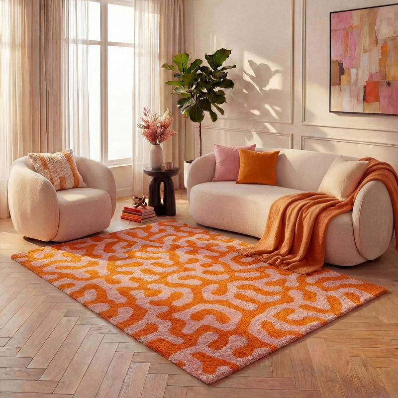 Joli Abstract Doodle Area Rug Soft Dense Pile for Living Rooms and Bedrooms, Rectangle 80 x 150 cm, Orange/Pink