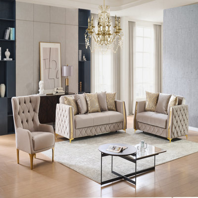 Ensemble de canapé, causeuse et chaise rembourrés 3 pièces en taupe Ambridge avec pieds en acier inoxydable doré, rembourrage en mousse et structure en bois robuste
