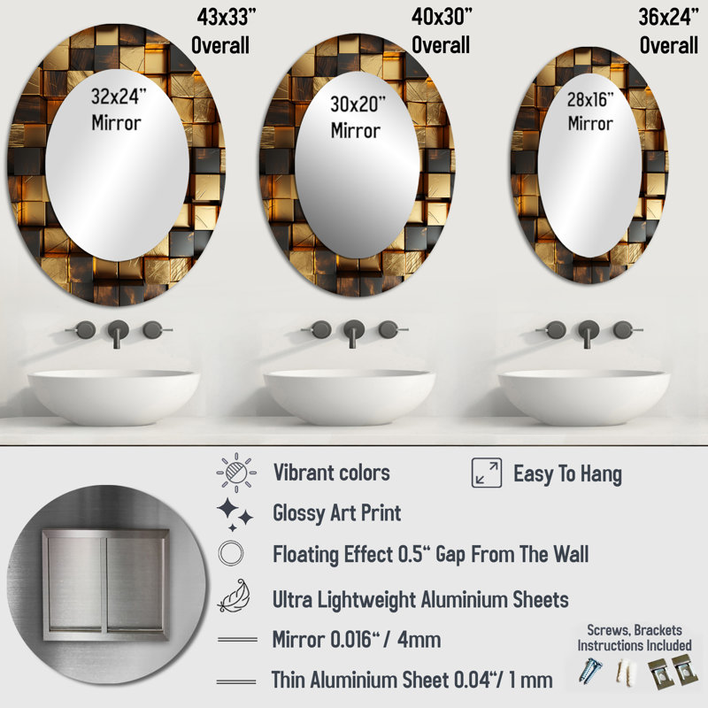 Black And Gold Abstract Cubes I - Abstract Oval Decorative Mirror On Metal, 36" H x 24" W