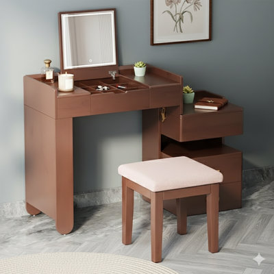 Meuble-lavabo 3 en 1 avec miroir rabattable, éclairage à DEL, longueur réglable et grands tiroirs. Une coiffeuse élégante et multifonctionnelle pour la maison, avec une finition noyer.