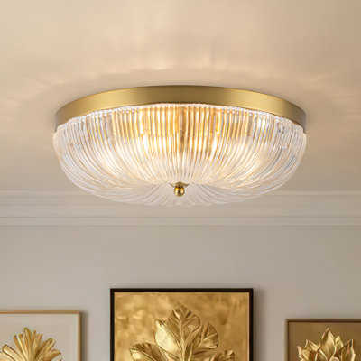 French 3-Light Blooming Flower Ribbed Clear Glass Round Flush Ceiling Light
