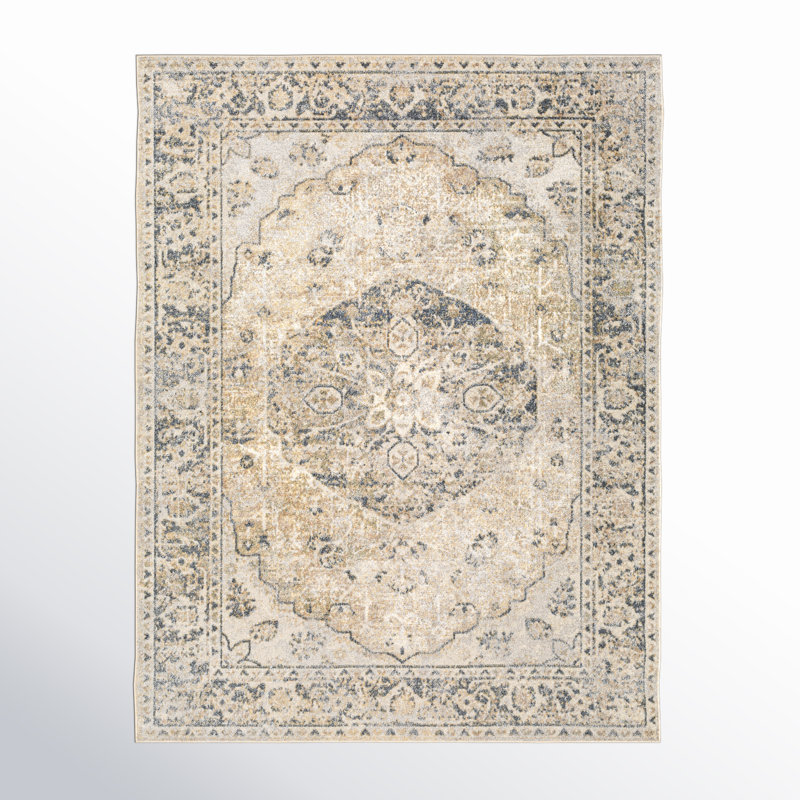 Tapis oriental moutarde / gris lavable à la machine Belliveau, Rectangle 6 pi 7 po x 9 pi