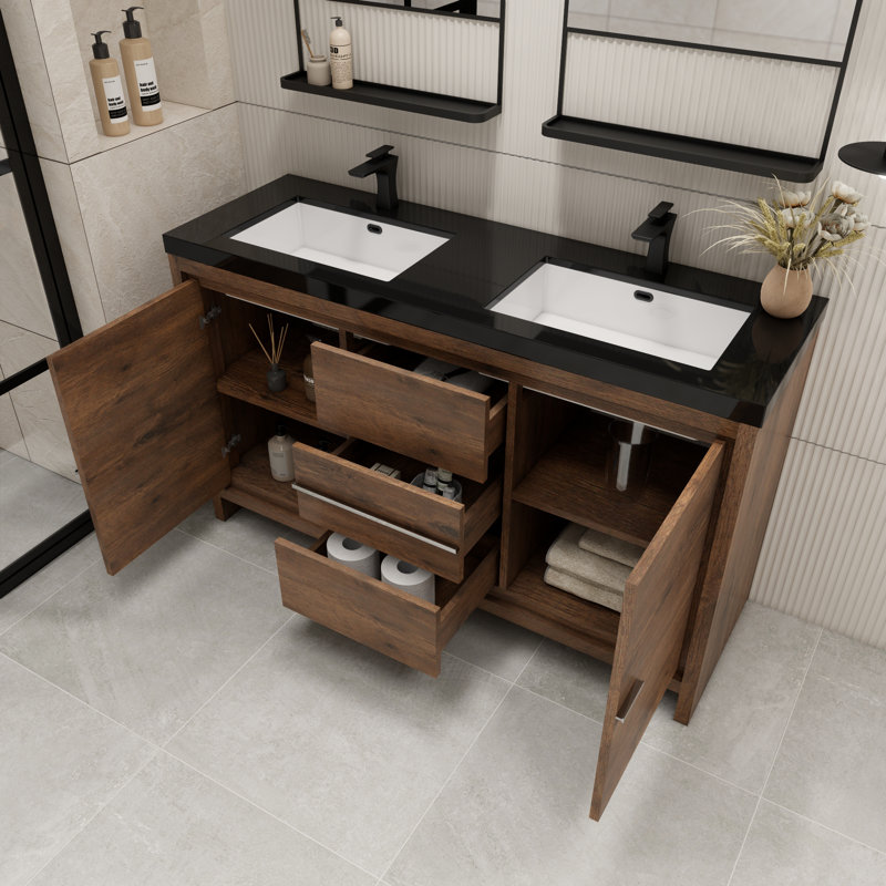 Ensemble de meuble-lavabo double 60 po Bayyinahi, Bois de rose