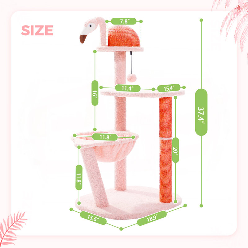 Arbre à chat, tour de chat mignon 37 po avec grand hamac et grattoir en sisal naturel, Rose clair