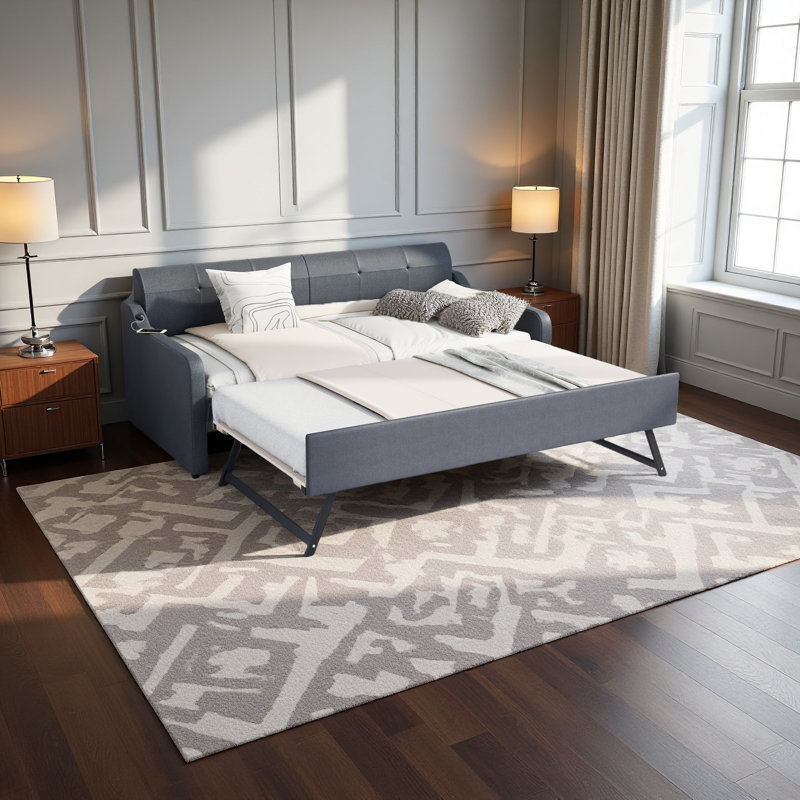 Upholstery Daybed With Trundle And USB Charging Design,Trundle Can Be Flat Or Erected, Gray
