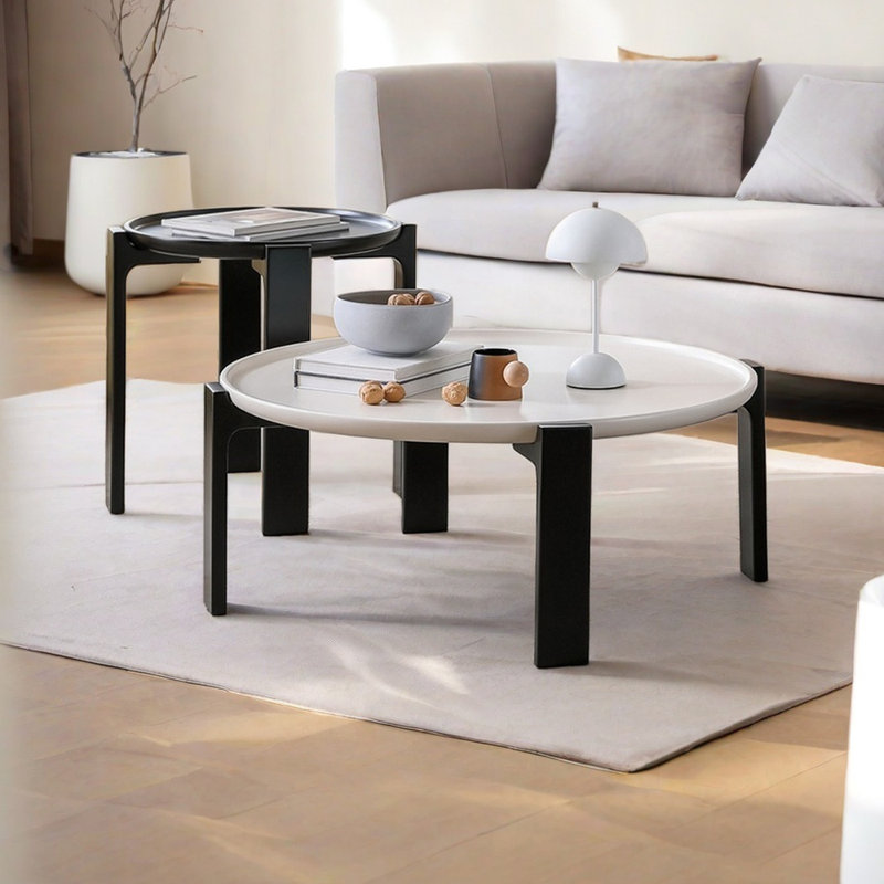 Table basse ronde avec pieds en chêne, Noir / blanc, Noir, noir, noir, noir