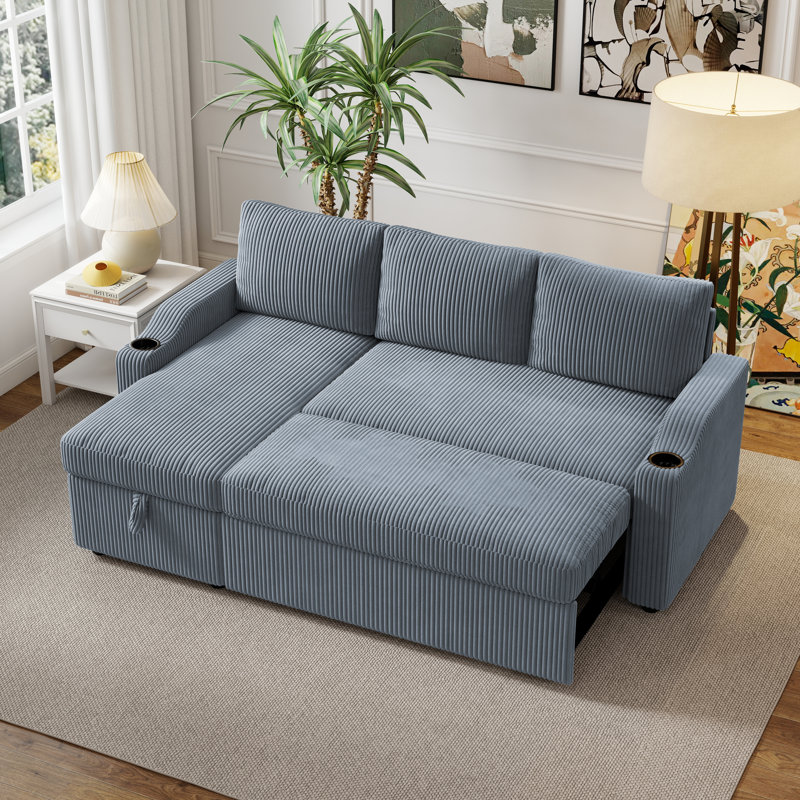81-Inch Corduroy Sofa Bed, 2-In-1 Foldable Sofa Bed With Storage Space., Gray