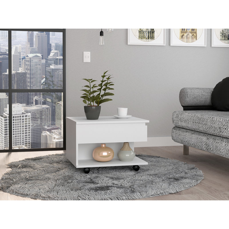 Table basse à plateau relevable Imamuddin, roulettes, une tablette, Blanc, H 19,6 po x L 19,6 po x l 21,6 po