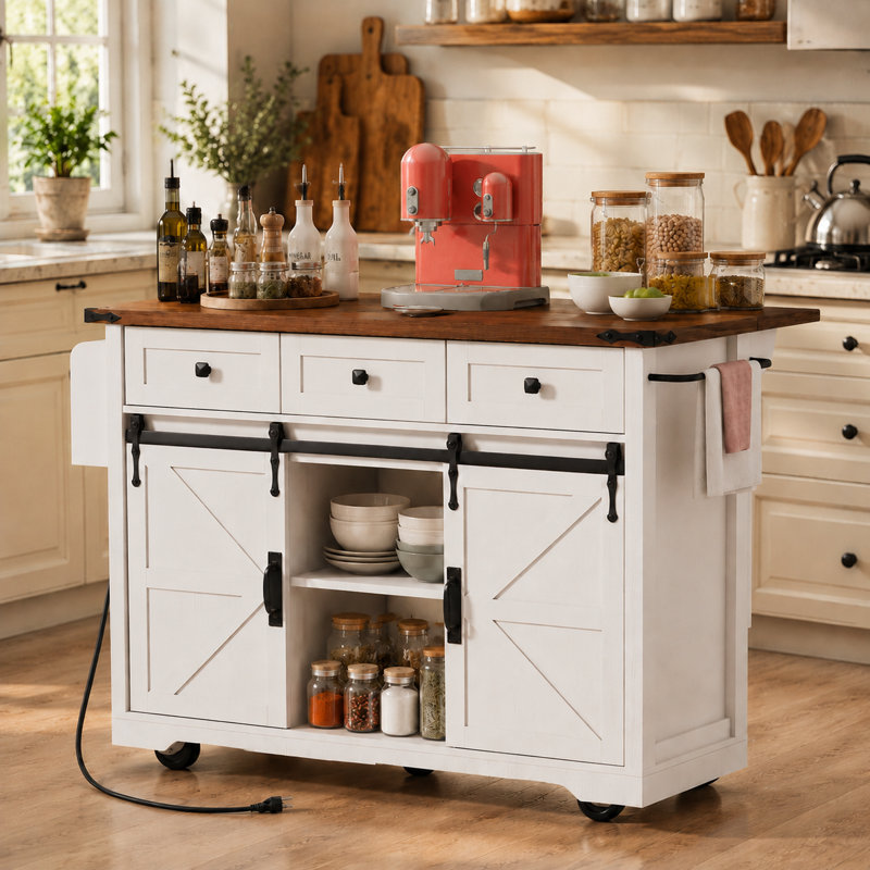 Îlot de cuisine en bois avec abattant l 53,7 po, Blanc
