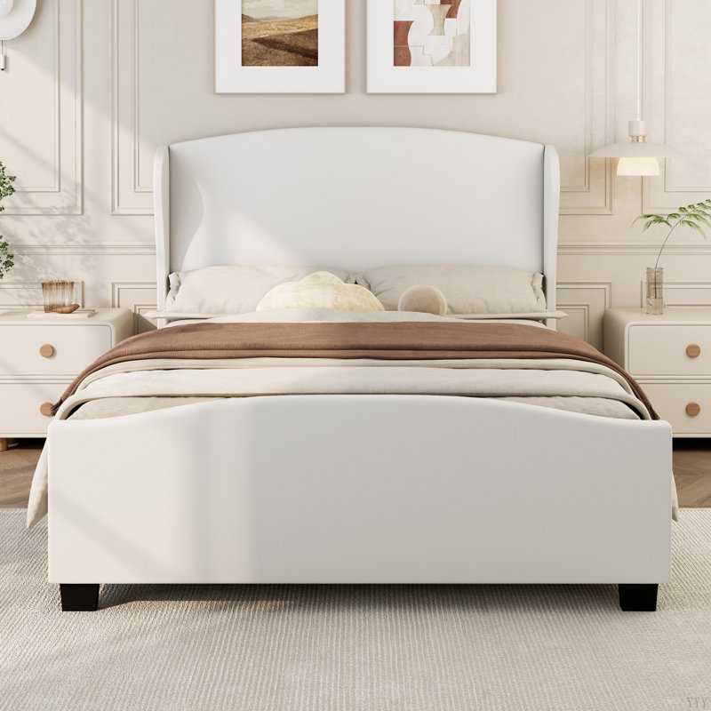 Lit tapissier en lin à tête de lit de 51 po de hauteur sans sommier tapissier, Beige, Grand lit