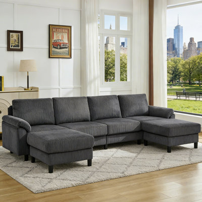 Modern U-Shaped Sectional Sofa with Storage, 116.5 Inch Wide 4-Seater Couch, Plush Corduroy Fabric & Removable Ottoman for Living Room