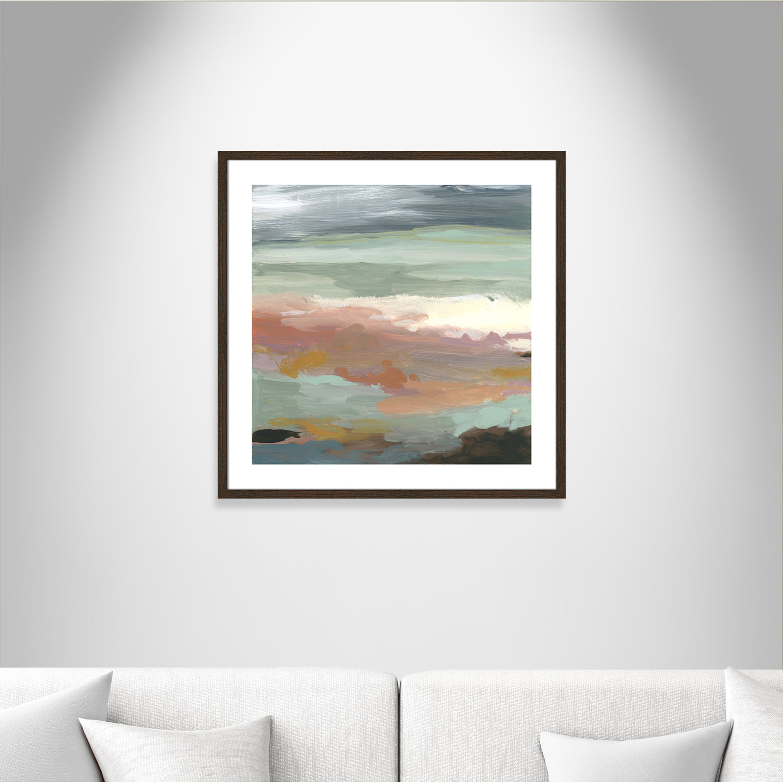 Bingham "Ocean Bluffs" Painting by Carol Robinson, 28.75" H x 28.75" W, Picture Framed Paper, Walnut Wood