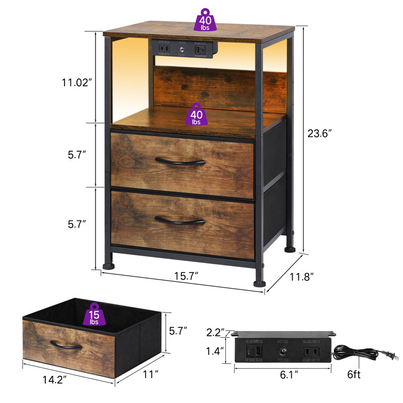 Kohaku 23” 2-Drawer End Table with USB Port and Touch Control, Nightstand with LED Light