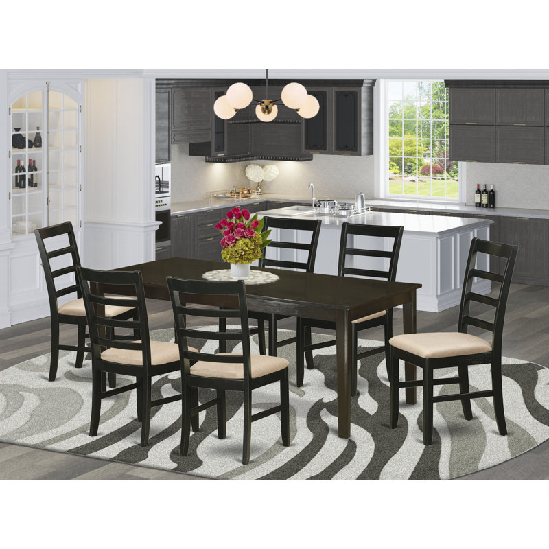 7 Piece Kitchen Table & Chairs Set Consist of a Rectangle Dining Table with Pedestal and 6 Linen Fabric Dining Room Chairs, 42x72 Inch, Cappuccino