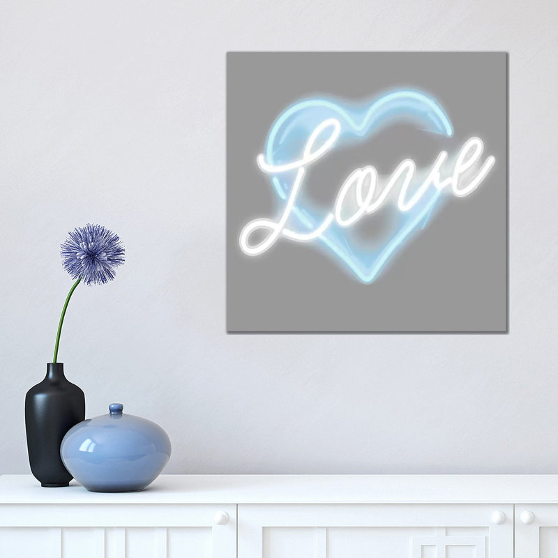 Neon Love Blue On Black by Hailey Carr - Wrapped Canvas Print, 45.72 cm H x 45.72 cm W x 3.175 cm D, Grey/Aqua