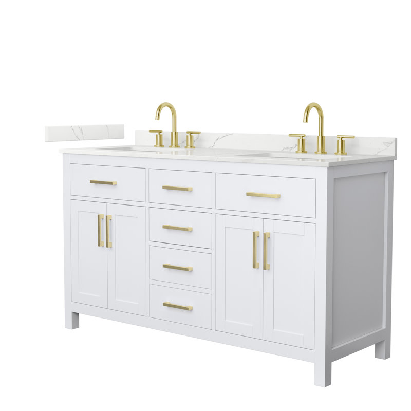 Beckett 60" Freestanding Double Bathroom Vanity with Quartz Top, Brushed Gold, White, Giotto Quartz