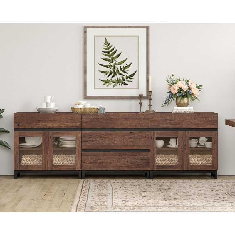 3 In 1 Multifunctional Sideboard Buffet Cabinets With Glass Doors And 5 Drawers, Modern Sideboard Credenza With Adjustable Shelf And Metal Base, Coffee Bar Cabinet Storage Cabinet For Living Room, Kitchen